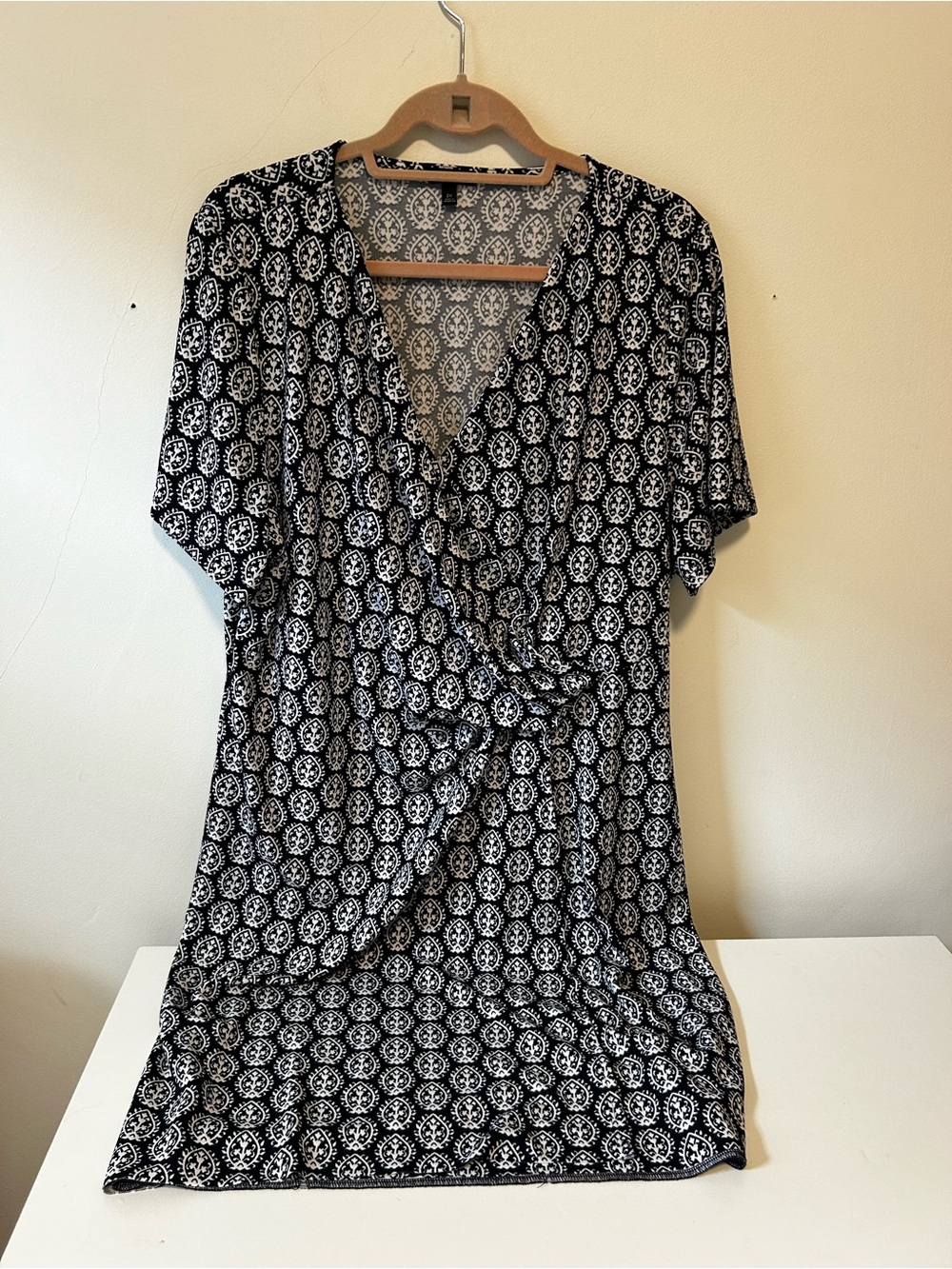 Talbots Black and White Medallion Faux-Wrap Midi Dress